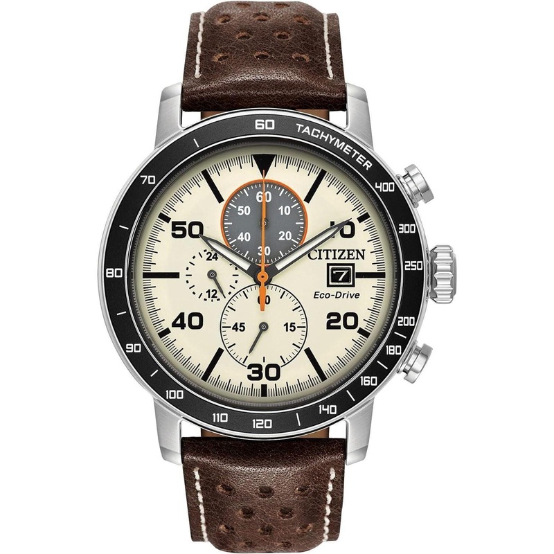 Citizen Eco-Drive Brycen Chronograph Watch – Stainless Steel, Brown Leather, Ivory Dial (Model: CA0649-06X)