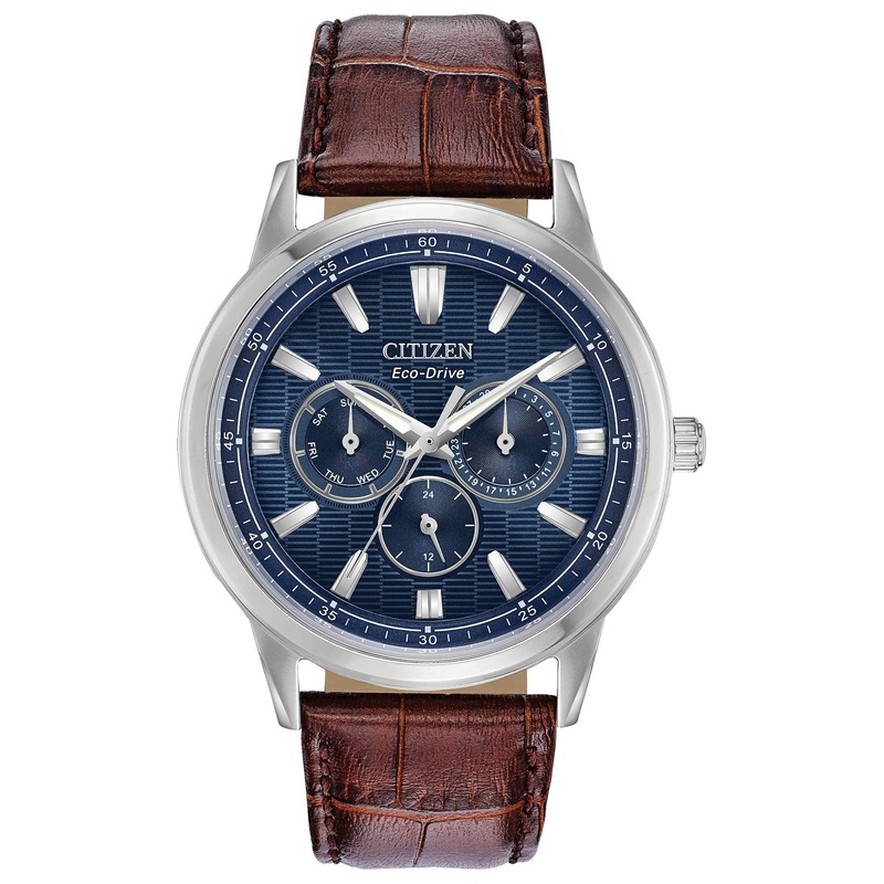 Citizen Eco-Drive Corso Men’s Watch – Stainless Steel, Brown Leather, Blue Dial (Model: BU2070-12L)