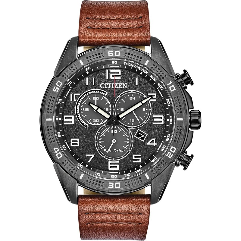 Citizen Eco-Drive Weekender Chronograph Black IP Watch with Brown Leather Strap (Model: AT2447-01E)