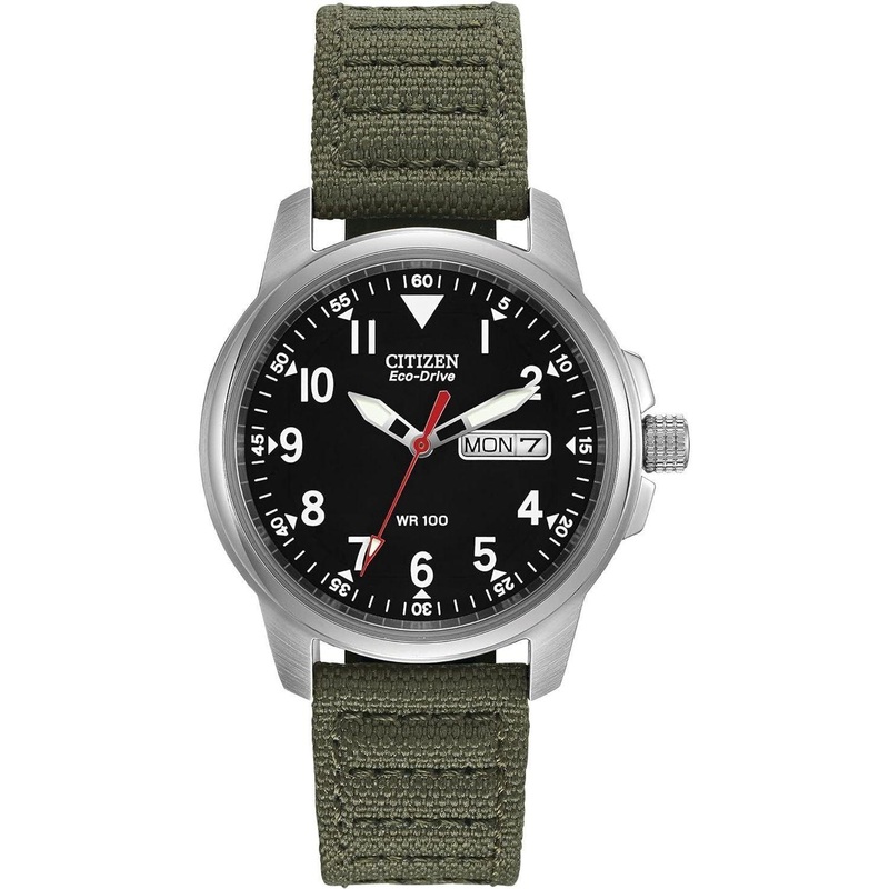 Citizen Eco-Drive Weekender Garrison Field Watch – Stainless Steel, Olive Nylon Strap, Black Dial (Model: BM8180-03E)