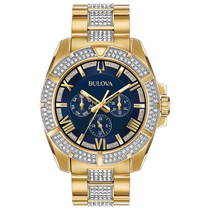 Bulova Men’s Crystals Phantom Gold Tone Stainless Steel 6-Hand Multi-Function Quartz Watch Style: 98C128