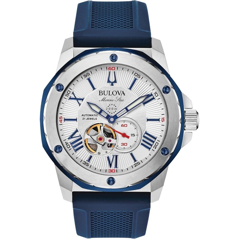 Bulova Men’s Marine Star ‘Series A’ Automatic Stainless Steel Case with Blue Textured Silicone Strap, Open Aperture, Silver White Dial Model: 98A225