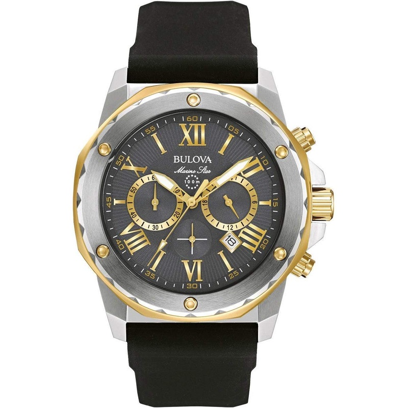 Bulova Men’s Marine Star Series A Two-Tone Gold Ion-Plated Stainless Steel 6-Hand Chronograph Quartz Watch, Black Silicone Strap, 44mm Style: 98B277