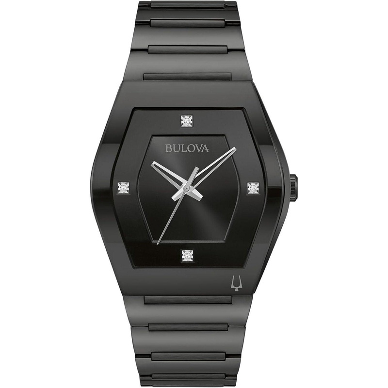 Bulova Men’s Modern Gemini Diamond 3 Hand Black Stainless Steel Watch,Black Dial,Edge to Edge Crystal Model: 98D177