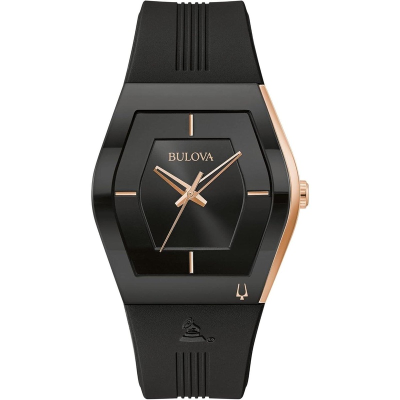 Bulova Latin Grammy Gemini Quartz Rose Gold Stainless Steel Accent with Curved Mineral Crystal and Black Silicone Strap Watch, Mens