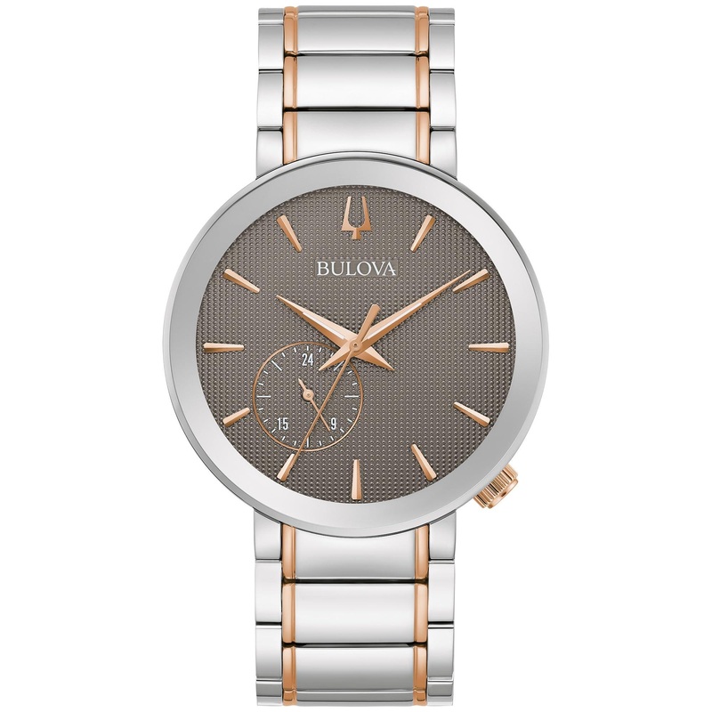 Bulova Latin Grammy Men’s Modern Futuro Two Tone Rose Gold Stainless Steel Watch, Textured Grey Dial, 24 Hour Time (Model:98A309)