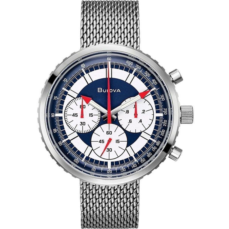 Bulova Men’s Archive Series ‘Chronograph C’ 6-Hand Chronograph Precisionist Stainless Steel Mesh Watch with Interchangable Blue Leather Strap; Sapphire Crystal Style: 96K101