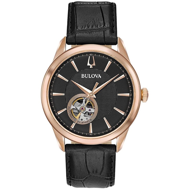 Bulova Men’s Classic Automatic Watch with Leather Strap, Open Aperture Dial, Hack Feature, 41mm Black Strap/Rose Gold