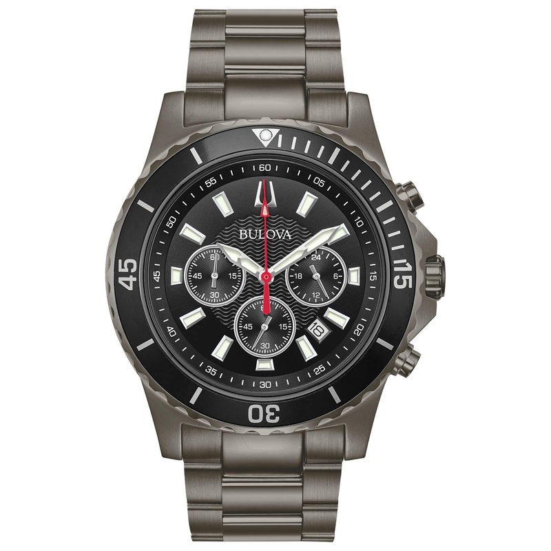 Bulova Men’s Classic Sport Stainless Steel 6-Hand Chronograph Quartz Watch with 44mm Dial Grey Ion Plated/Black Dial
