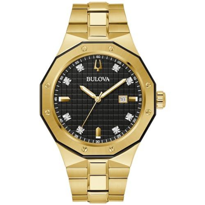 Bulova Men’s Classic Stainless Steel 3-Hand Date Quartz Watch with Diamonds and Day Date, 44mm Gold/ Black Dial