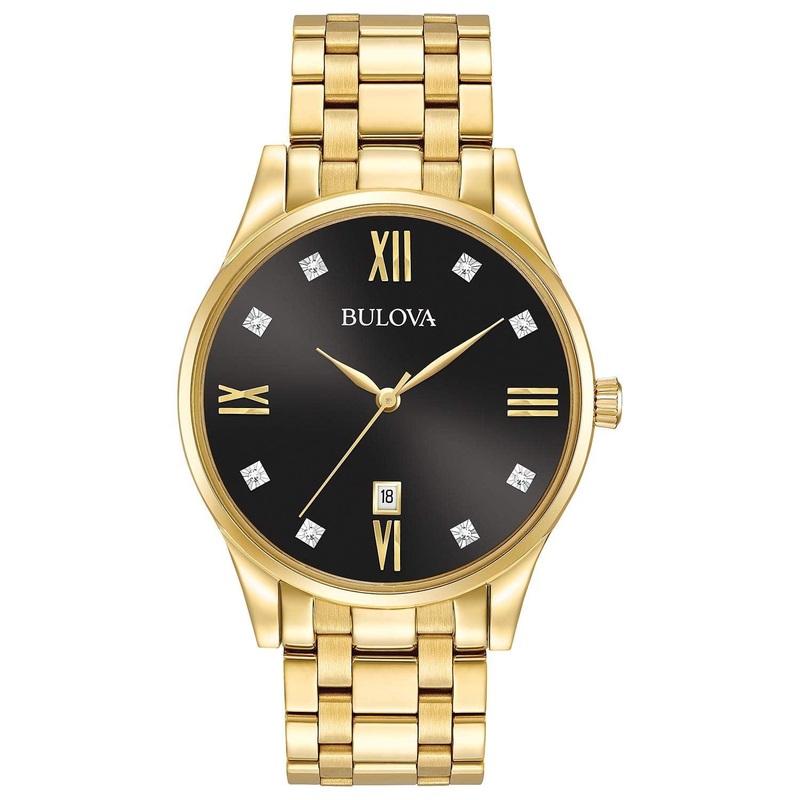 Bulova Men’s Classic Stainless Steel Watch with Diamonds and Day Date Gold Tone/ Black Dial