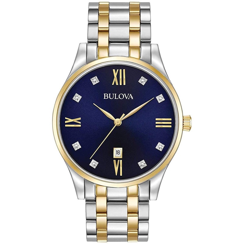 Bulova Men’s Classic Stainless Steel Watch with Diamonds and Day Date Two Tone Gold/ Blue Dial