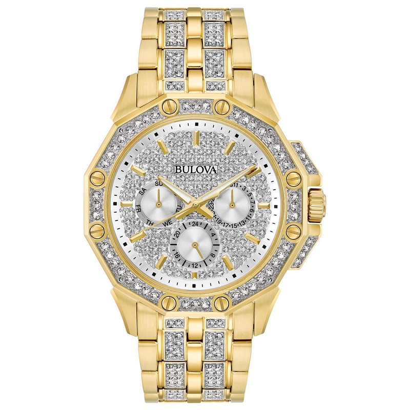 Bulova Men’s Crystal Octava Chronograph Quartz Watch, Pave Crystal Dial Black Ion-Plated