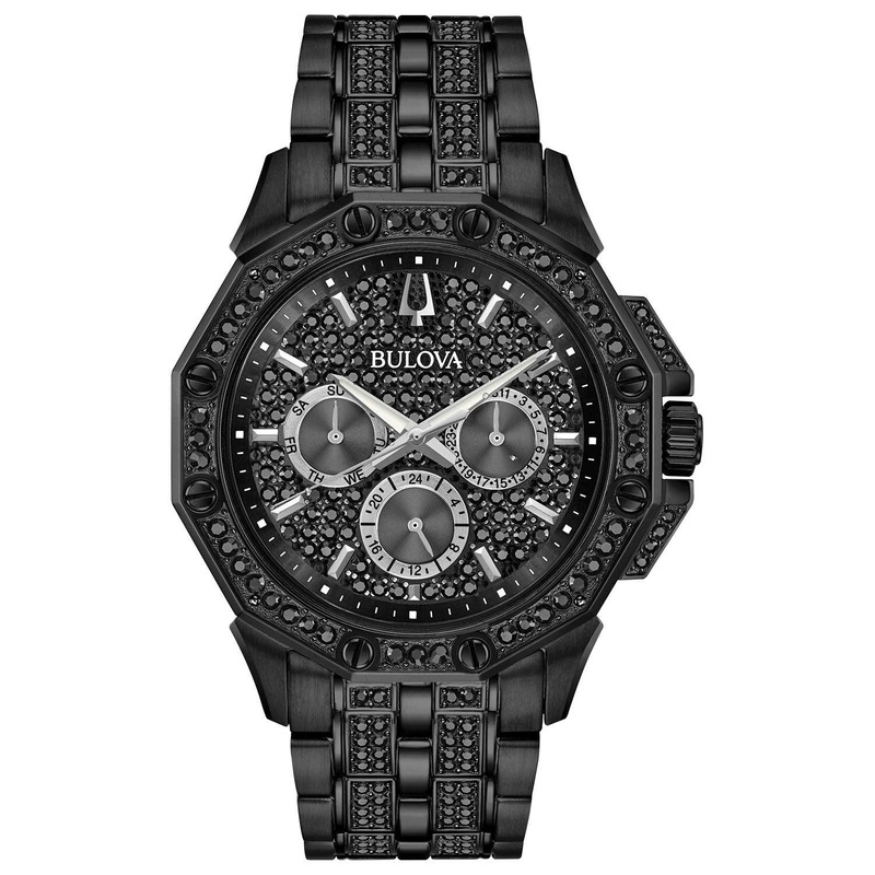 Bulova Men’s Crystal Octava Chronograph Quartz Watch, Pave Crystal Dial Black Ion-Plated
