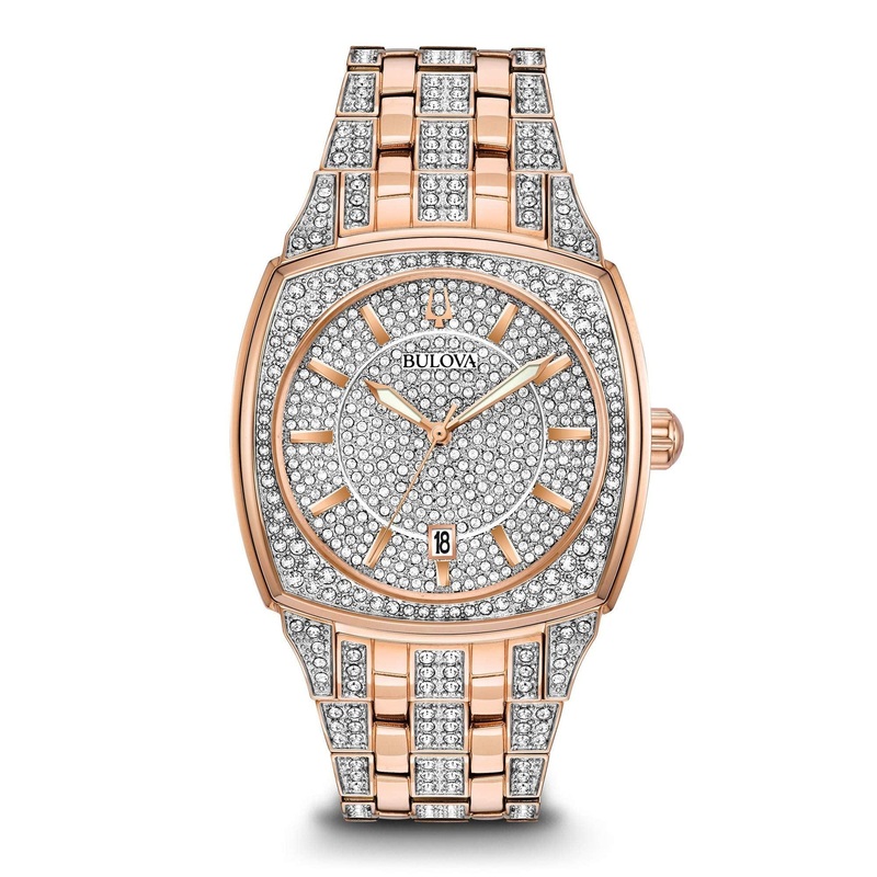 Bulova Men’s Crystal Phantom 3-Hand Date Quartz Cushion Shaped Case Watch, Pave Crystal Dial, 40mm Rose Gold