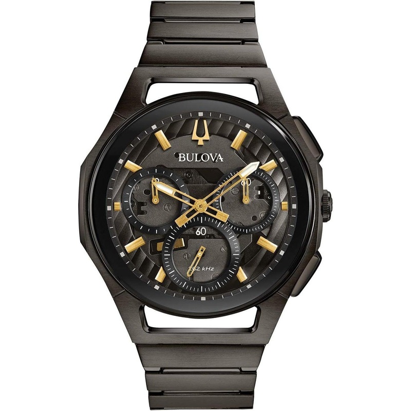 Bulova Men’s CURV High Performance Quartz Stainless Steel Watch, 5-Hand Chronograph, Sapphire Crystal, Luminous Hands, Black Ion-Plated/ Gold Tone Accents