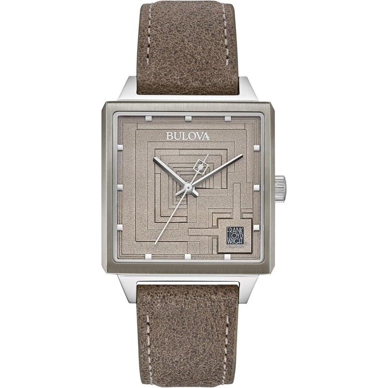 Bulova Men’s Frank Lloyd Wright Limited Edition ‘Ennis House’ Silver Stainless Steel Watch, Grey Leather Strap Watch, Textured Medallion Grey Pattern Dial, 3 Hand (Model: 96A314)