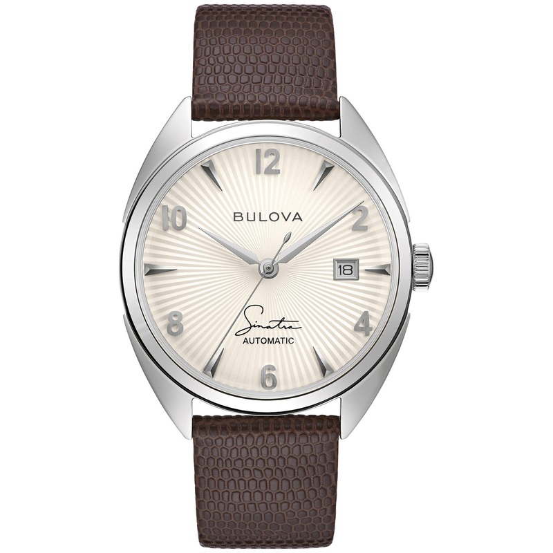 Bulova Men’s Frank Sinatra ‘Fly Me to The Moon’ Automatic Stainless Steel Case Watch, Textured Leather Strap, 42 Hour Power Reserve, 3 Hand Brown Strap/Ivory Dial