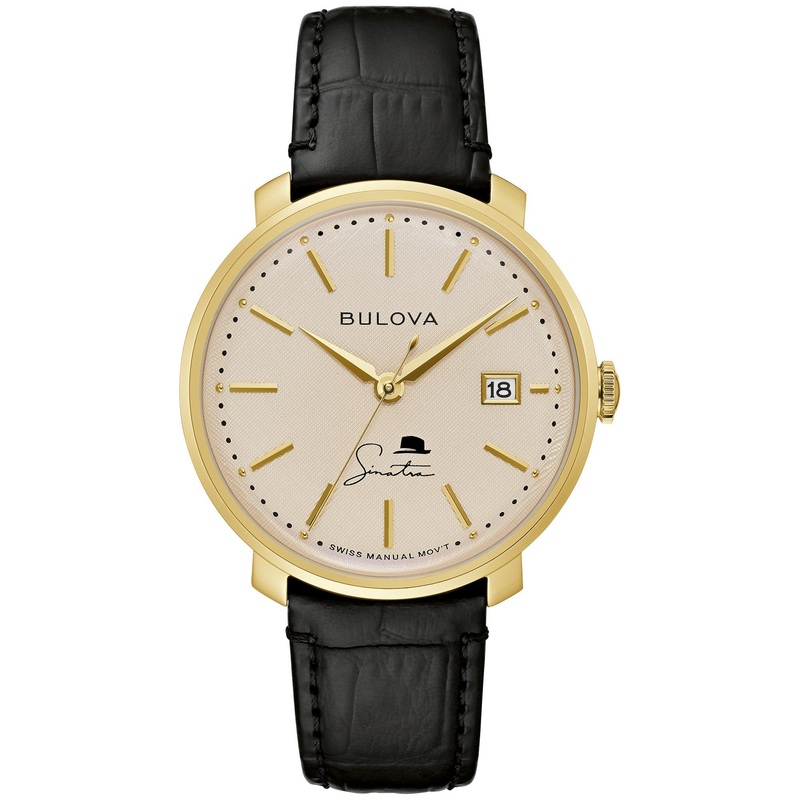 Bulova Men’s Frank Sinatra ‘The Best is Yet to Come’ 3-Hand Swiss Automatic Date Watch, 42-Hour Preserve, Sapphire Crystal Black Strap/Gold/