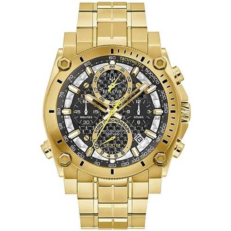 Bulova Men’s Icon High Precision Quartz Chronograph Watch, Curved Mineral Crystal Gold Tone