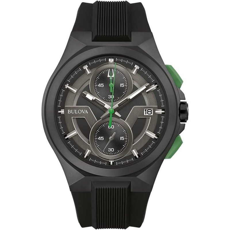 Bulova Men’s Maquina Sport Black Ion-Plated Stainless Steel Case, 6-Hand Chronograph Quartz Watch with Matte Black Silicone Strap, Sapphire Crystal, Black Strap/ Green Accents