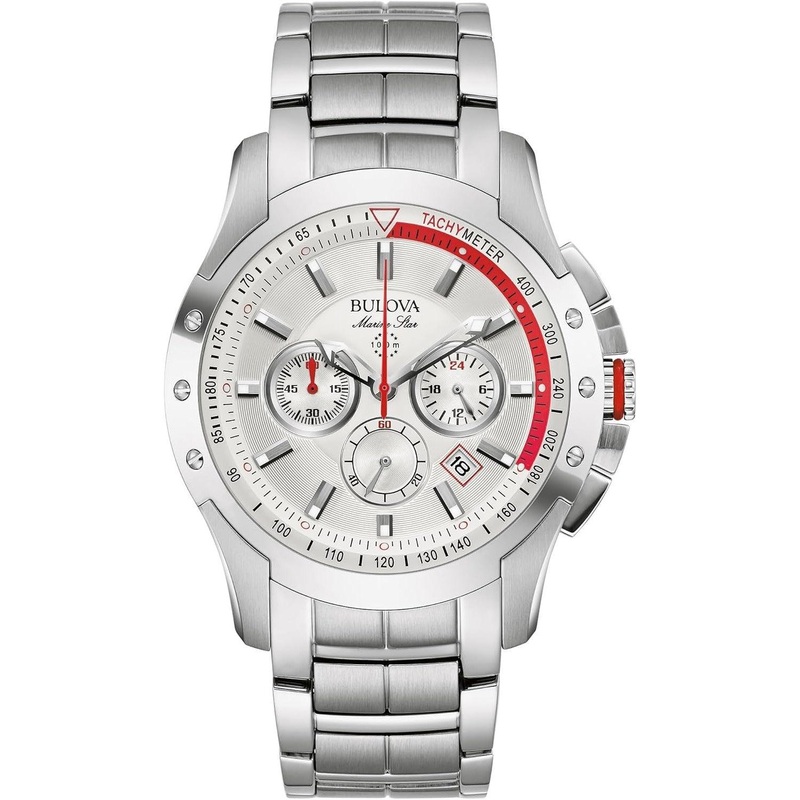 Bulova Men’s Marine Star 6 Hand Chronograph Quartz Stainless Steel Watch, Silver White Dial (Model:96B383)