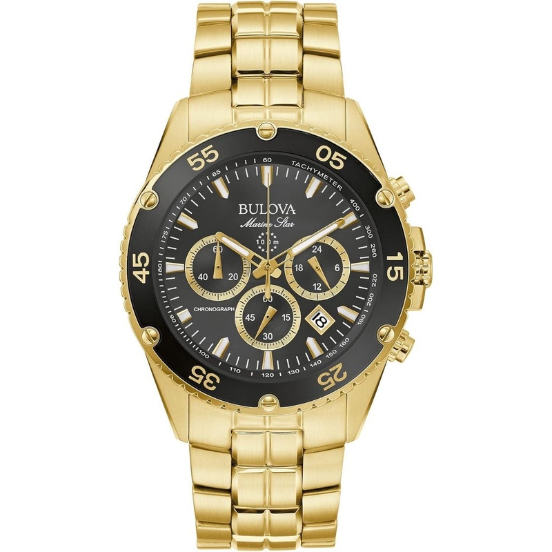 Bulova Men’s Marine Star Gold Chronograph Stainless Steel Watch, Black Dial Style: 98B406