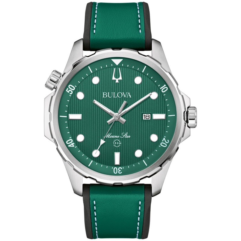Bulova Men’s Marine Star Quartz Silver Stainless Steel Watch, Leather and Silicone Strap, 100M Water Resistant, 43mm Green