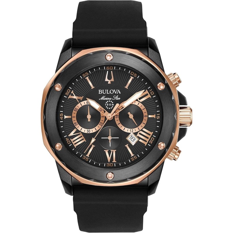 Bulova Men’s Marine Star Series A Black and Gold Ion-Plated Stainless Steel 6-Hand Chronograph Quartz Watch, Black Silicone Strap Style: 98B307