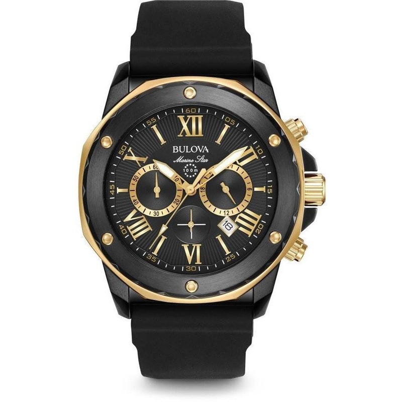 Bulova Men’s Marine Star Series A Black and Rose Gold Ion-Plated Stainless Steel 6-Hand Chronograph Quartz Watch, Black Silicone Strap Style: 98B278