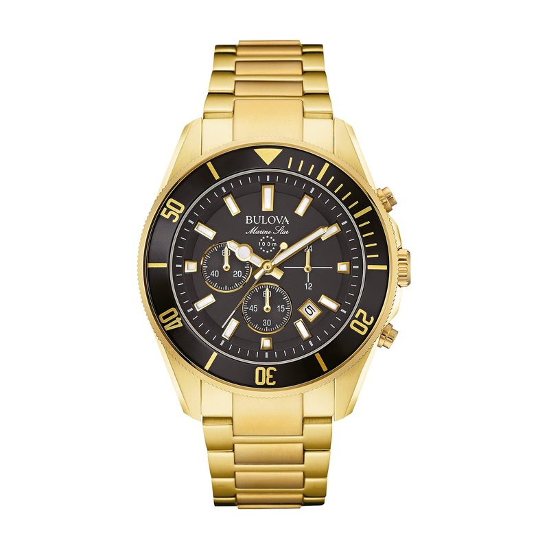 Bulova Men’s Marine Star Series B Gold Tone Stainless Steel 6-Hand Chronograph Quartz Watch, Black Dial Style: 98B250