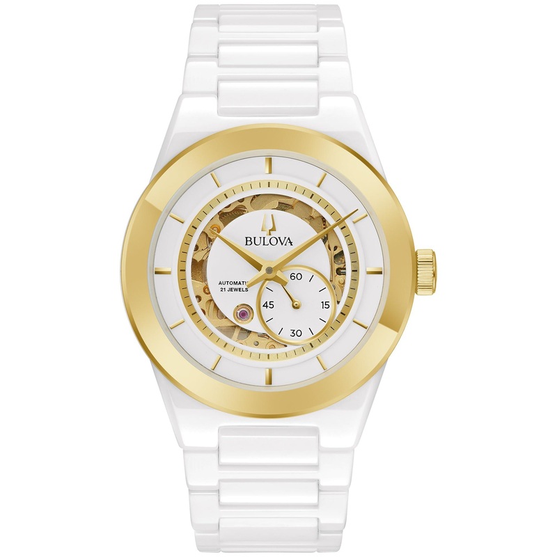 Bulova Men’s Modern Millenia 3-Hand Automatic Ceramic Watch, Open Aperture, Edge-to-Edge Crystal White