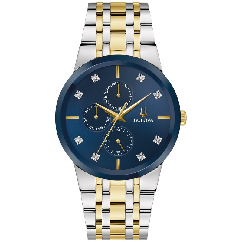 Bulova Men’s Multi-Function 3-Hand Quartz Watch with Diamond Dial, Edge to Edge Crystal Two Tone Gold/Blue Dial