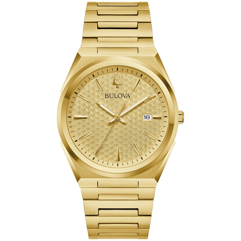 Bulova Mens Dress Classic Quartz Two Tone Stainless Steel Watch, Patterned Dial, 39mm Gold Tone