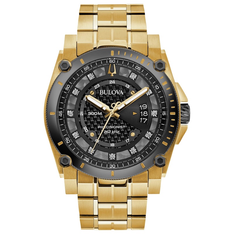 Bulova Mens High Precisionist Quartz Icon Grey IP and Rose Gold Watch, Diamonds, 300M Water Resistant Gold/ Black