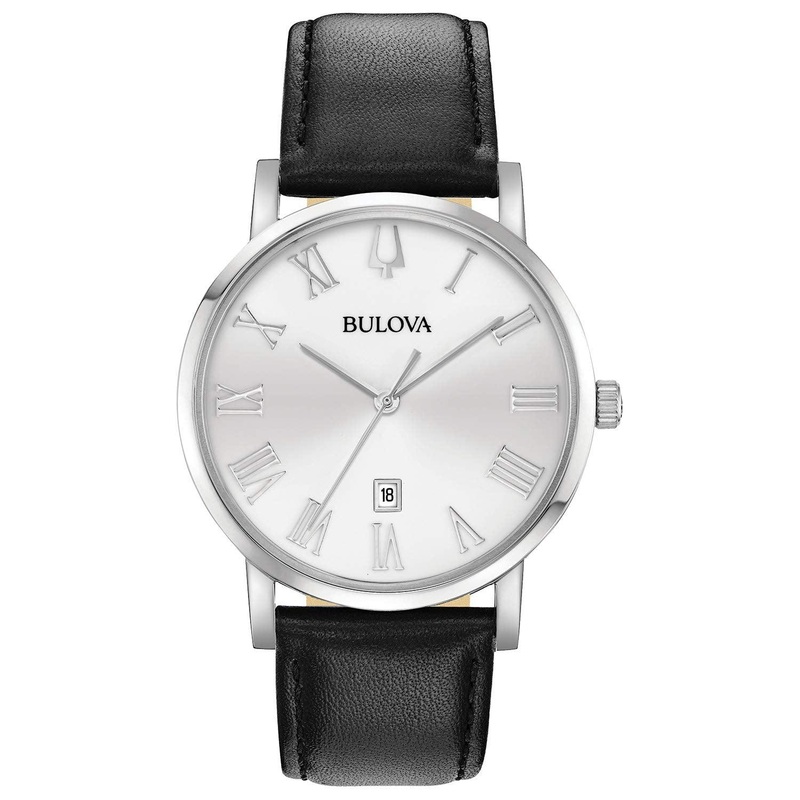 Bulova Men’s Classic 3-Hand Calendar Date Quartz Leather Strap Watch, Roman Numeral Markers, 40mm Black Strap/Stainless/ White Dial
