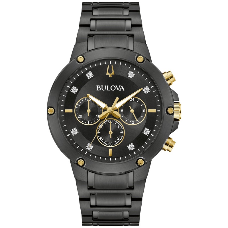 Bulova Men’s Classic 6-Hand Chronograph Diamond Quartz Black Ion Plated Stainless Steel Watch, 24 Hour Time, 43mm, Style:98D190