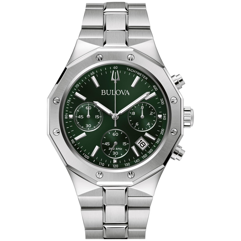 Bulova Men’s Classic 6-Hand Chronograph High Performance Quartz Silver Stainless Steel Watch, Green Dial,Geometric Bezel 24 Hour Time, 44mm, Style:96B409