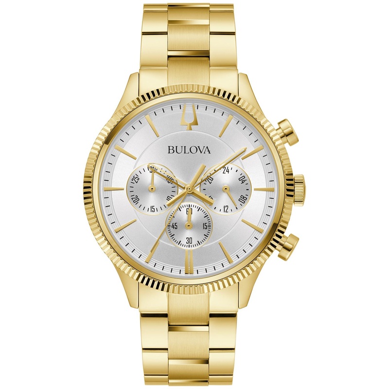 Bulova Men’s Classic 6-Hand Chronograph Quartz Gold Stainless Steel Watch, 24 Hour Time, Luminous Hands, 43mm, Style:97A190