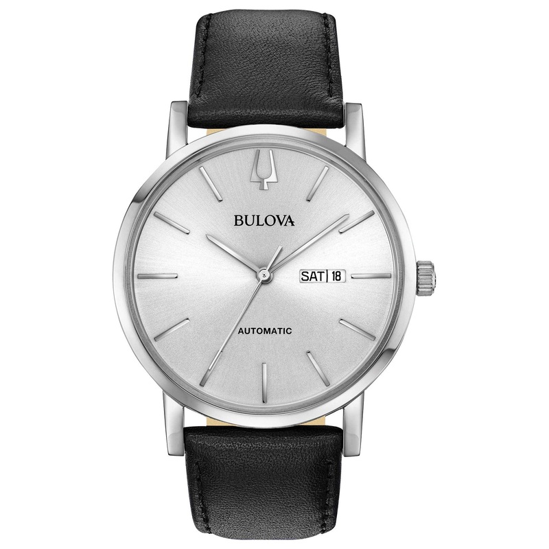 Bulova Men’s Classic American Clipper 3-Hand Automatic Leather Strap Watch, Day Date Calendar, 40 Hour Power Reserve, Exhibition Case Back, 42mm Black Leather/ Silver White Dial