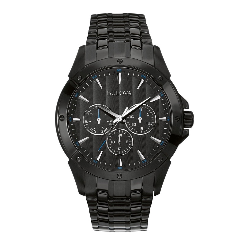 Bulova Men’s Classic Dress 6-Hand Multi-Function Day/Date Quartz Watch, Black Patterned Dial, 43mm Black Ion-Plated/Blue Accents