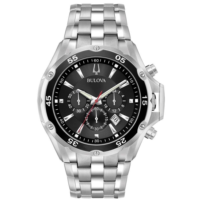 Bulova Men’s Classic Sport Stainless Steel 6-Hand Chronograph Quartz Watch Silver Tone/Black Dial