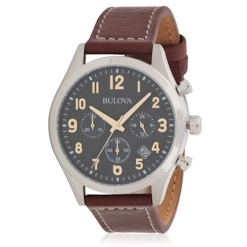Bulova Men’s Classic Stainless Steel 6-Hand Chronograph Quartz Leather Strap Watch with Grey Dial, Gold Accents, Arabic Markers, 41mm Brown Strap