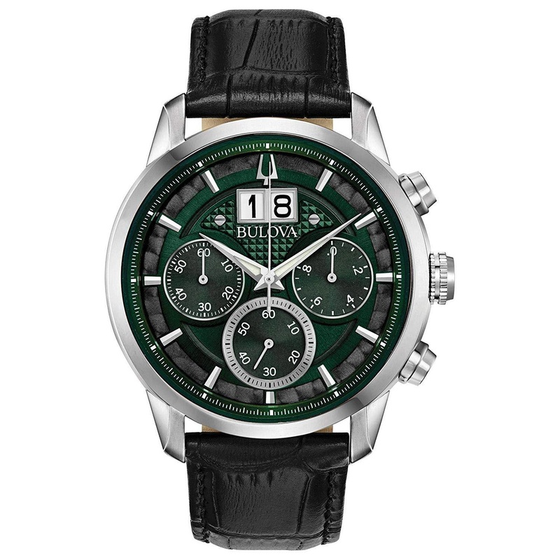 Bulova Men’s Classic Sutton 6-Hand Chronograph Calendar Big Date Leather Strap Quartz Watch, Domed Mineral Crystal, 44mm Green/ Black Leather Strap