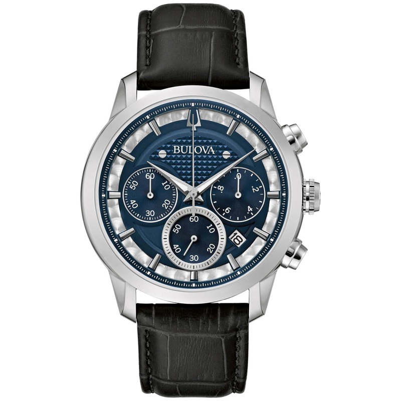 Bulova Men’s Classic Sutton 6-Hand Chronograph Quartz Silver Stainless Steel Case Watch with Black Leather Strap, Blue Dial, 44mm Style: 96B420