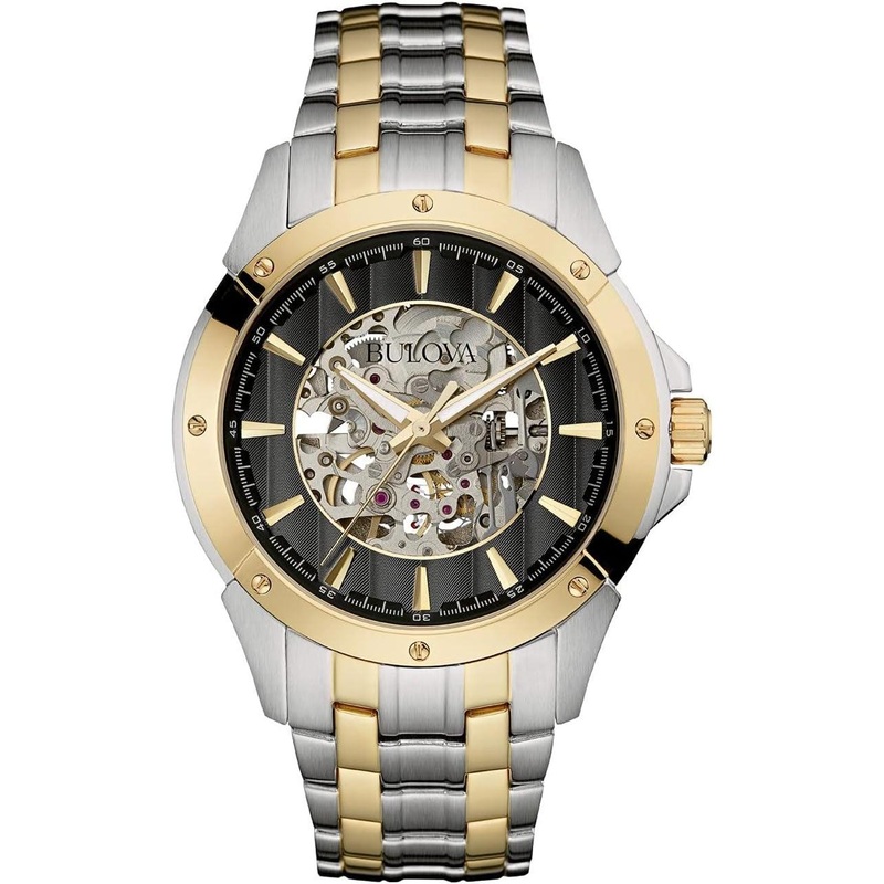 Bulova Men’s Classic Two-Tone Stainless Steel 3-Hand Automatic Watch, Skeleton Dial, 43mm Style: 98A146