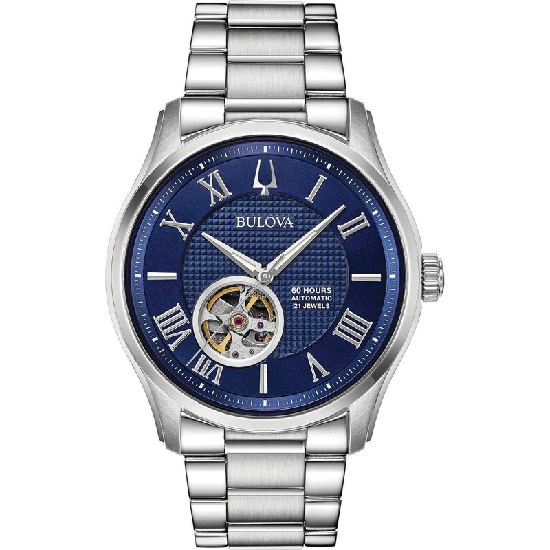 Bulova Men’s Classic Wilton 3-Hand 21-Jewel Automatic Watch, 60 Hour Power Reserve, Luminous Hands, Open Aperture, Roman Numeral Markers Domed Sapphire Crystal, 43mm