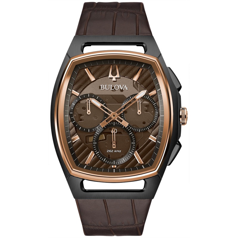 Bulova Men’s CURV High Performance Quartz Black and Rose Gold-Tone Stainless Tonneau Shape Case,Brown Leather Strap Watch, 5-Hand Chronograph, Sapphire Crystal Style: 98A264