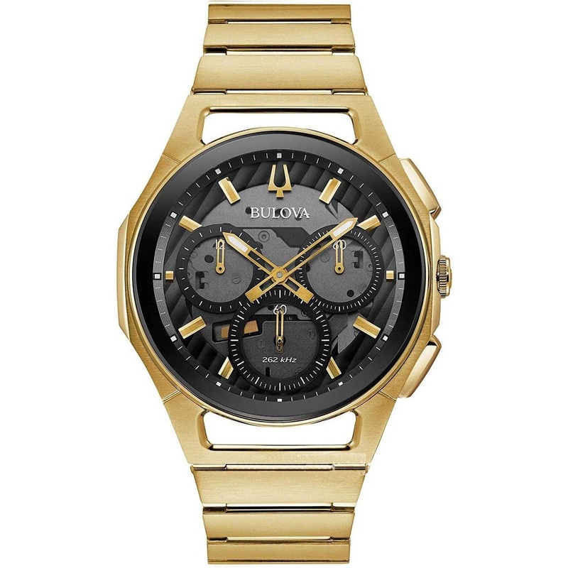Bulova Men’s CURV High Performance Quartz Stainless Steel Watch, 5-Hand Chronograph, Sapphire Crystal, Luminous Hands, Gold-Tone/Black Dial