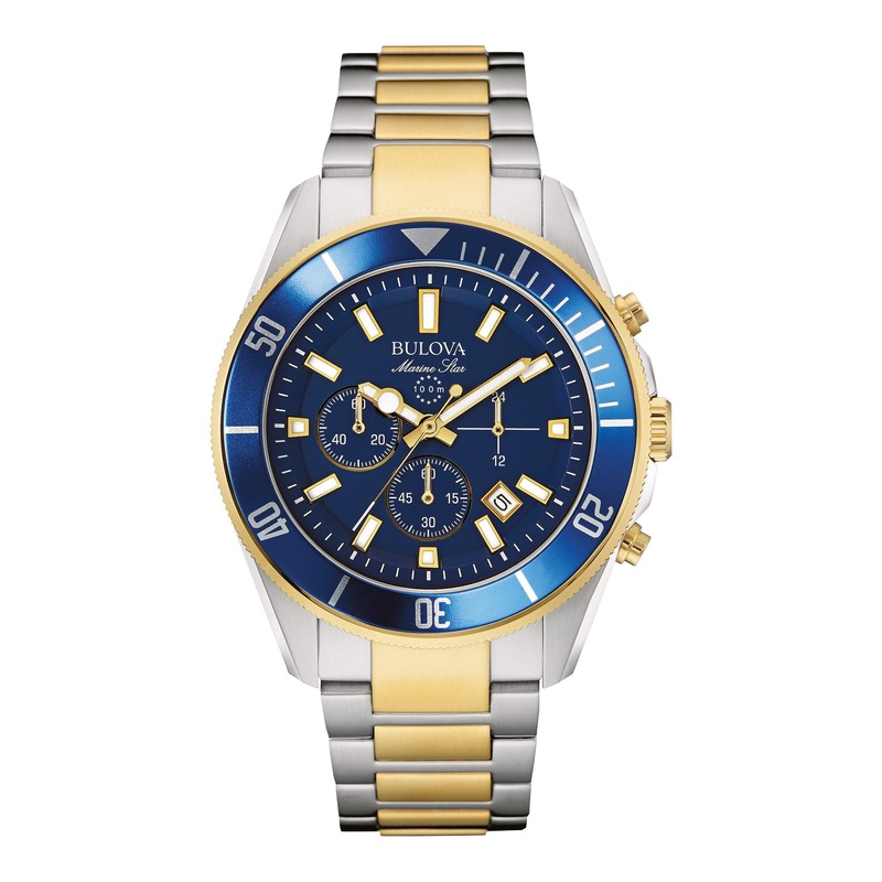 Bulova Men’s Marine Star Chronograph Quartz Two Tone Gold Stainless Steel Watch, Blue, Calendar, Luminous, 43mm Style: 98B230